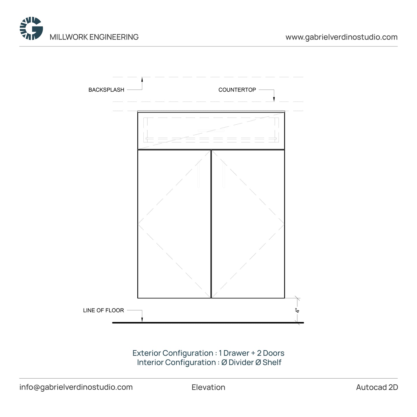 GVS BC-FO-FP-D.02 - Base Cabinet - Full Overlay Style - Double - 1 Drawer + 2 Doors - 2D AutoCAD Dynamic Block Set (20 Different Configurations Included)