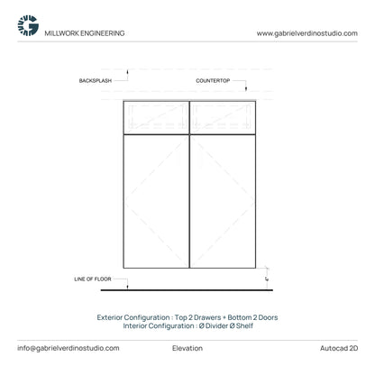 GVS BC-FO-FP-D.05 - Base Cabinet - Full Overlay Style - Double - 2 Drawers + 2 Doors - 2D AutoCAD Dynamic Block Set  (20 Different Configurations Included)