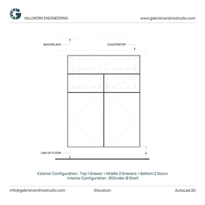 GVS BC-FO-FP-D.09 - Base Cabinet - Full Overlay Style - Double - 1 Drawer + 2 Drawers + 2 Doors - 2D AutoCAD Dynamic Block Set  (20 Different Configurations Included)