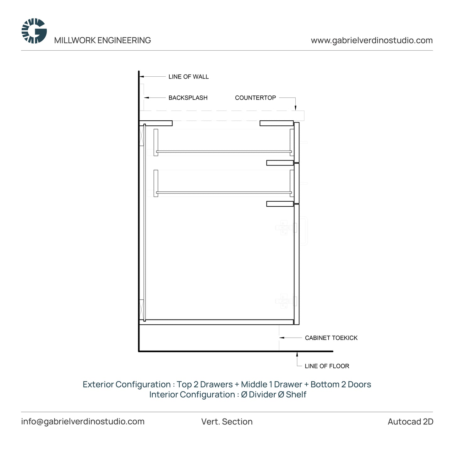 GVS BC-FO-FP-D.11 - Base Cabinet - Full Overlay Style - Double - 2 Drawers + 1 Drawer + 2 Doors - 2D AutoCAD Dynamic Block Set  (20 Different Configurations Included)