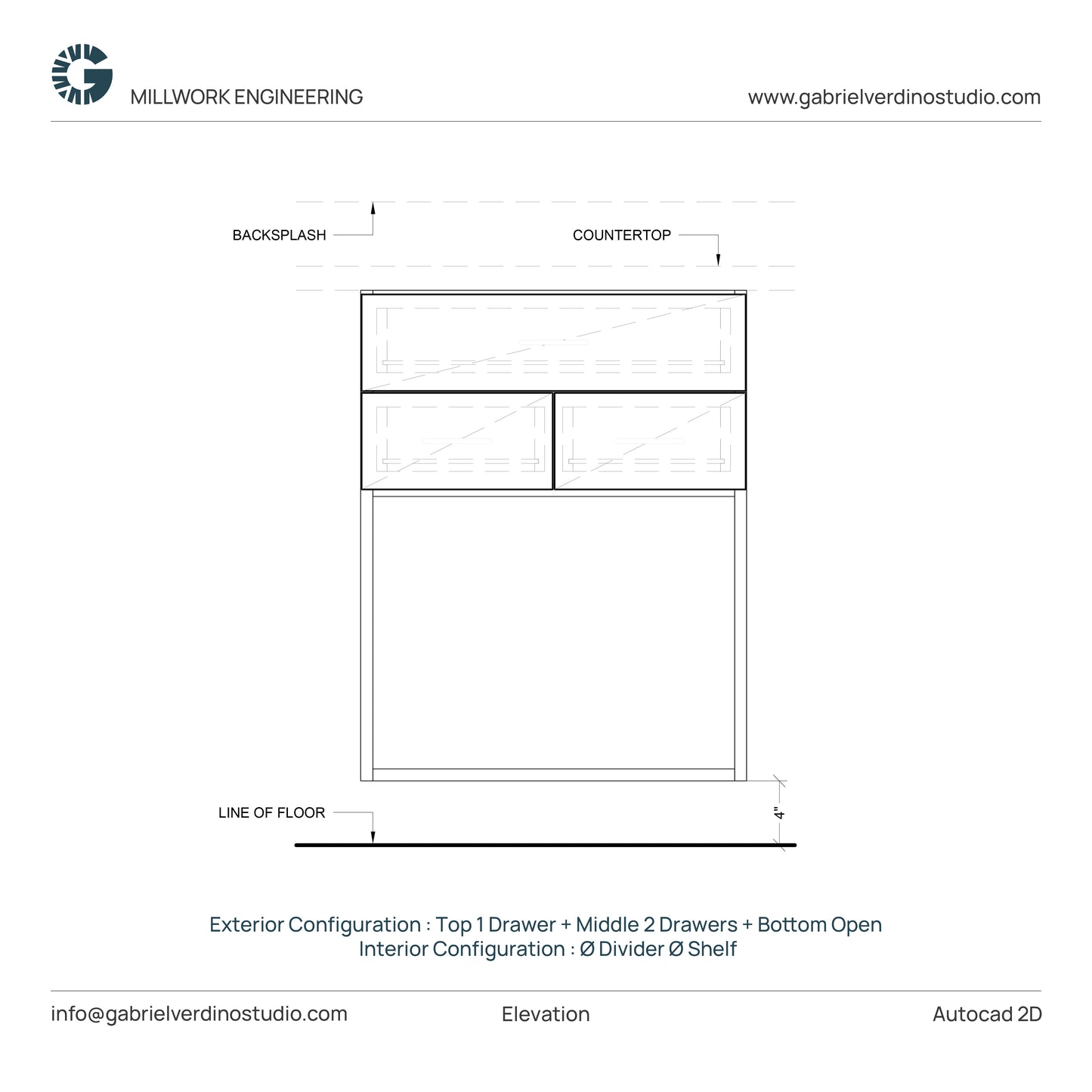 GVS BC-FO-FP-D.13 - Base Cabinet - Full Overlay Style - Double - 1 Drawer + 2 Drawers + Open - 2D AutoCAD Dynamic Block Set  (20 Different Configurations Included)