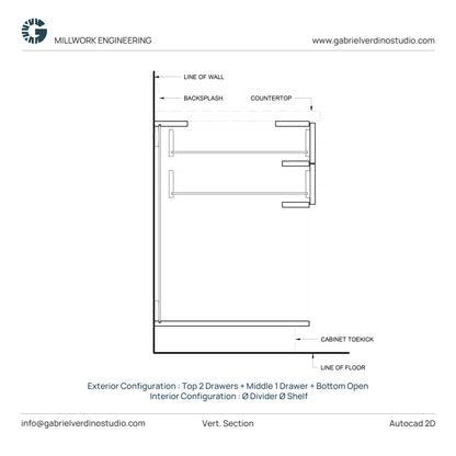 GVS BC-FO-FP-D.15 - Base Cabinet - Full Overlay Style - Double - 2 Drawers + 1 Drawer + Open - 2D AutoCAD Dynamic Block Set  (20 Different Configurations Included)