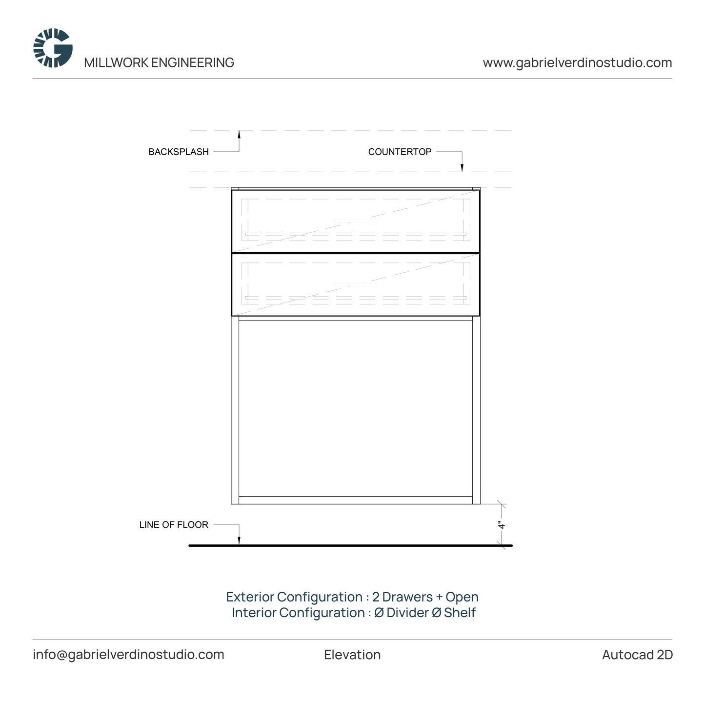 GVS BC-FO-FP-S.06 - Base Cabinet - Full Overlay Style - Single - 2 Drawers + Open - 2D AutoCAD Dynamic Block Set (10 Different Configurations Included)