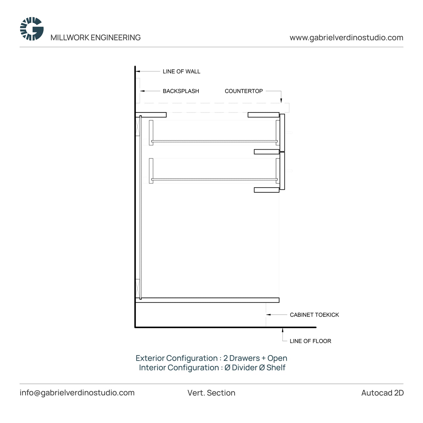 GVS BC-FO-FP-S.06 - Base Cabinet - Full Overlay Style - Single - 2 Drawers + Open - 2D AutoCAD Dynamic Block Set (10 Different Configurations Included)