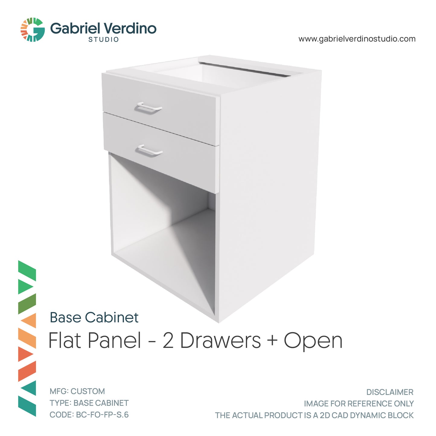 GVS BC-FO-FP-S.06 - Base Cabinet - Full Overlay Style - Single - 2 Drawers + Open - 2D AutoCAD Dynamic Block Set (10 Different Configurations Included)