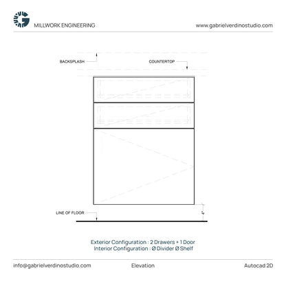 GVS BC-FO-FP-S.08 - Base Cabinet - Full Overlay Style - Single - 2 Drawers + 1 Door - 2D AutoCAD Dynamic Block Set (10 Different Configurations Included)