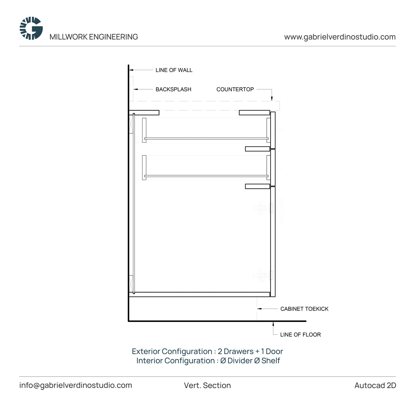 GVS BC-FO-FP-S.08 - Base Cabinet - Full Overlay Style - Single - 2 Drawers + 1 Door - 2D AutoCAD Dynamic Block Set (10 Different Configurations Included)