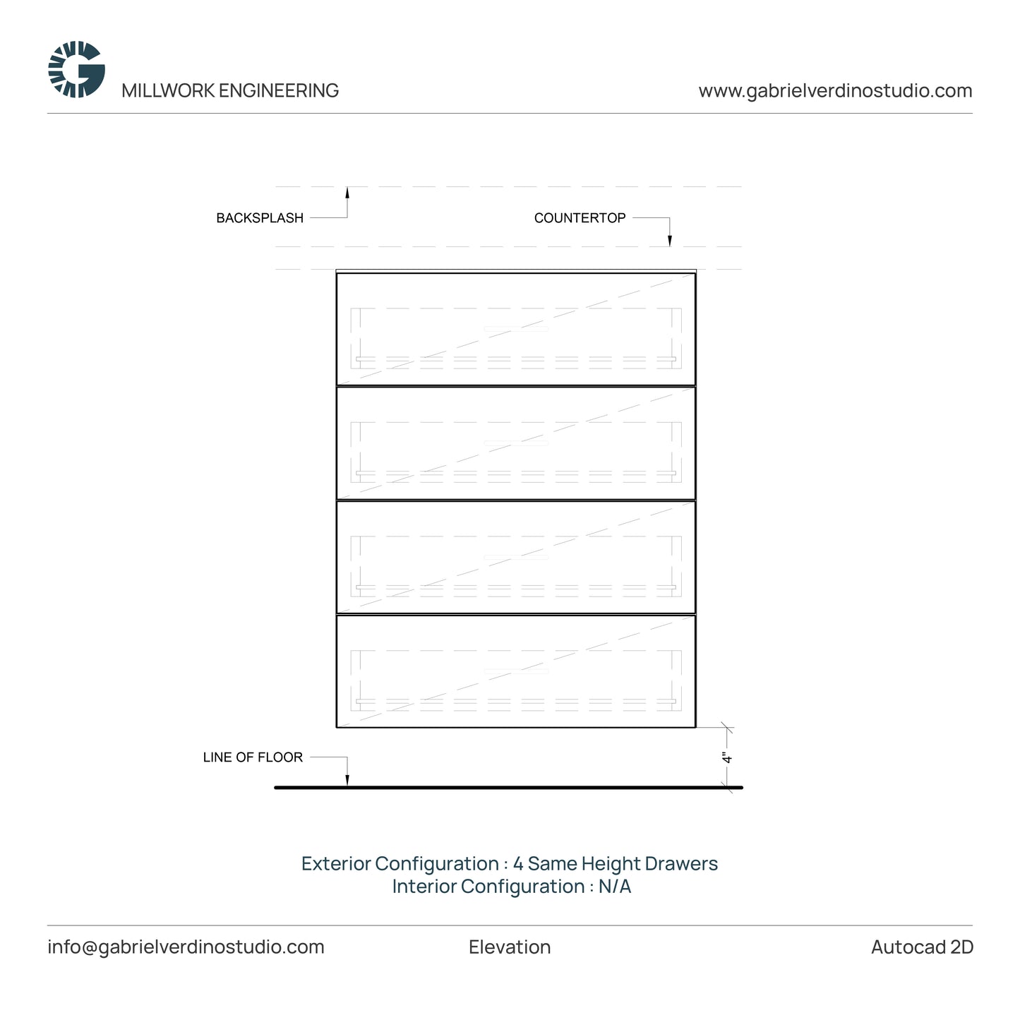 GVS BC-FO-FP-S.12 - Base Cabinet - Full Overlay Style - Single - 4 Drawers - 2D AutoCAD Dynamic Block Set