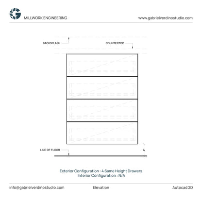 GVS BC-FO-FP-S.12 - Base Cabinet - Full Overlay Style - Single - 4 Drawers - 2D AutoCAD Dynamic Block Set