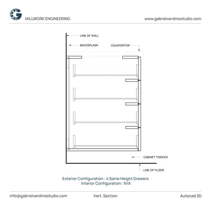 GVS BC-FO-FP-S.12 - Base Cabinet - Full Overlay Style - Single - 4 Drawers - 2D AutoCAD Dynamic Block Set