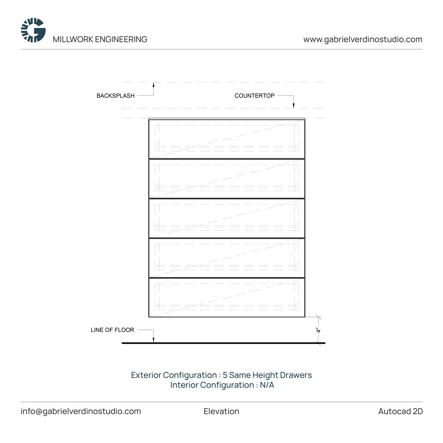 GVS BC-FO-FP-S.13 - Base Cabinet - Full Overlay Style - Single - 5 Drawers - 2D AutoCAD Dynamic Block Set