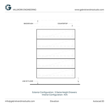 GVS BC-FO-FP-S.13 - Base Cabinet - Full Overlay Style - Single - 5 Drawers - 2D AutoCAD Dynamic Block Set