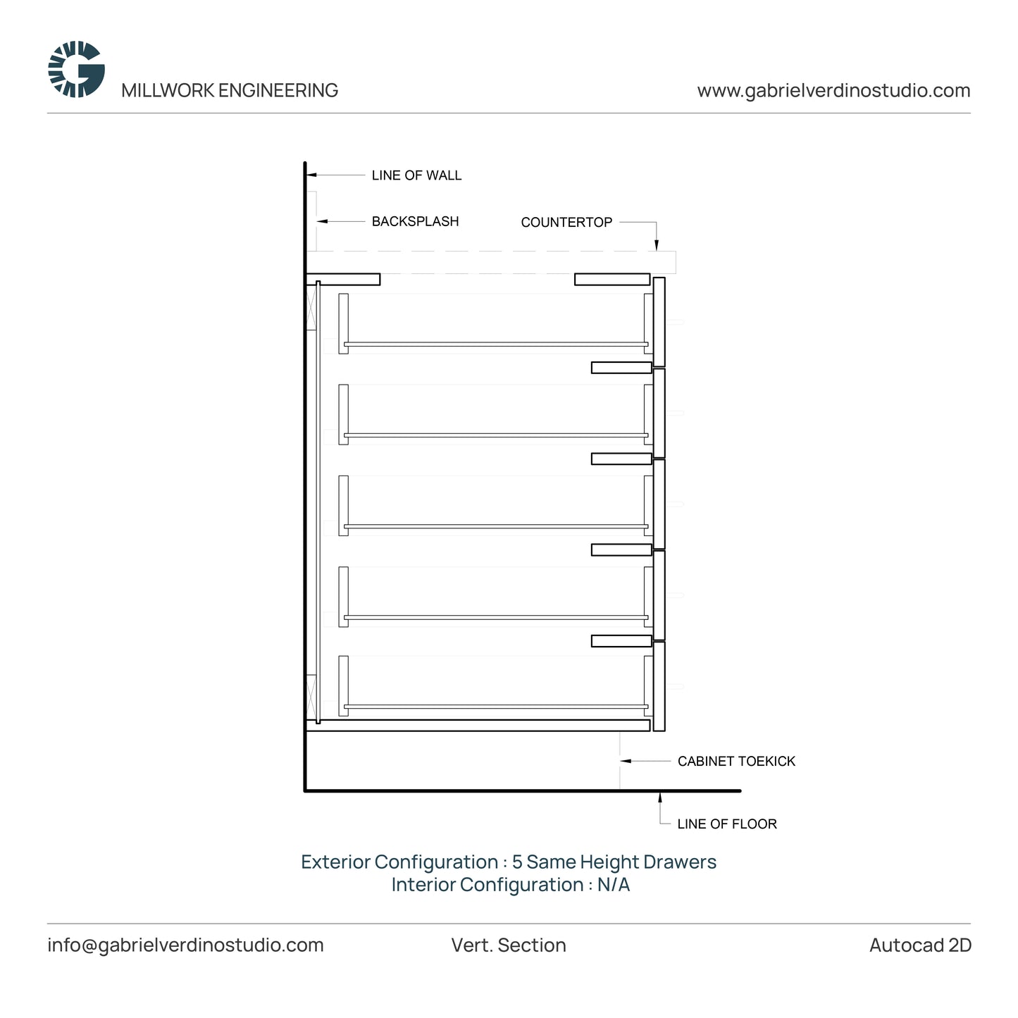 GVS BC-FO-FP-S.13 - Base Cabinet - Full Overlay Style - Single - 5 Drawers - 2D AutoCAD Dynamic Block Set