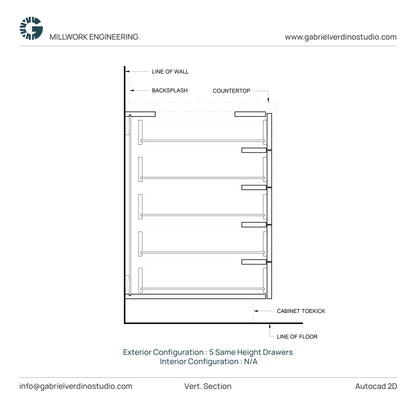 GVS BC-FO-FP-S.13 - Base Cabinet - Full Overlay Style - Single - 5 Drawers - 2D AutoCAD Dynamic Block Set